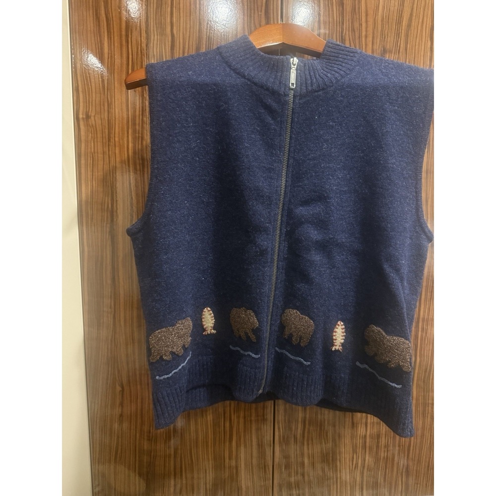 Woolrich Womens Wool Vest Blue Knit Full Zip Bear Fish Outdoor Dark Indigo L